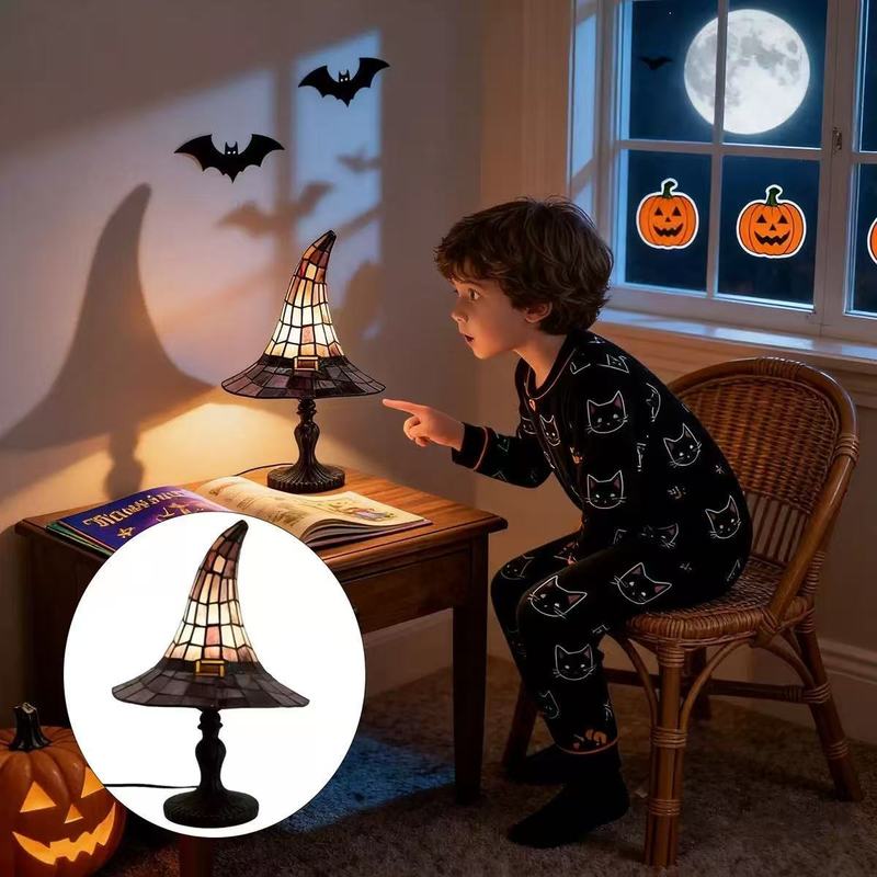 Diy Halloween Electronics - ステンドグラス風ウィッチハットテーブルランプ 手作りゴシックウィザードハットLEDナイトライト ヴィンテージ装飾ランプ 家の飾りギフト ウィッチハットランプ